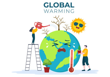 Global Warming Cartoon Style Illustration with Planet Earth in a Melting or Burning State and Image Sun to Prevent Damage to Nature and Climate Changeのイラスト素材