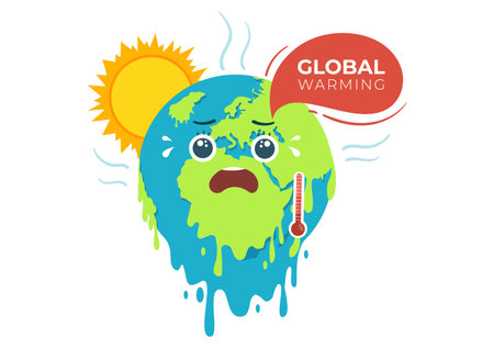 Global Warming Cartoon Style Illustration with Planet Earth in a Melting or Burning State and Image Sun to Prevent Damage to Nature and Climate Changeのイラスト素材