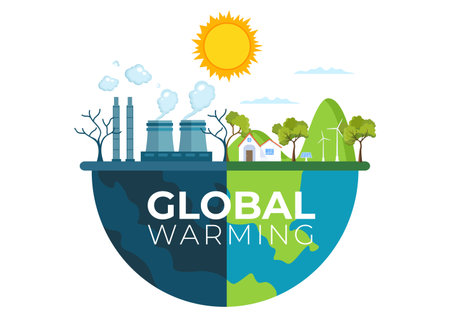 Global Warming Cartoon Style Illustration with Planet Earth in a Melting or Burning State and Image...