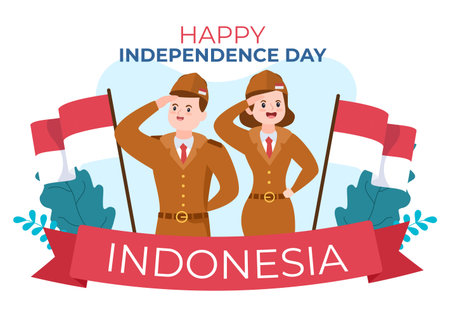 Indonesia Independence Day on August 17th with Traditional Games, Flag Red White and People Character in Flat Cute Cartoon Background Illustrationのイラスト素材
