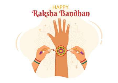 Happy Raksha Bandhan Cartoon Illustration with Sister Tying Rakhi on Her Brothers Wrist to Signify Bond of Love in Indian Festival Celebrationのイラスト素材
