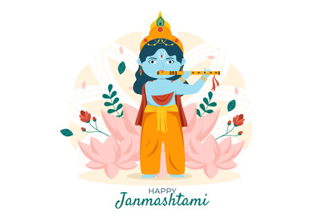 Happy Krishna Janmashtami festival of India with Bansuri and Flute, Dahi Handi and Peacock Feather in Flat Cute Cartoon Background Illustrationのイラスト素材