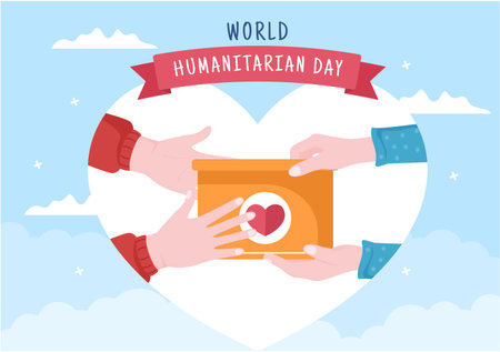 World Humanitarian Day with Global Celebration of Helping People, Work Together, Charity, Donation and Volunteer in Flat Cartoon Illustrationのイラスト素材