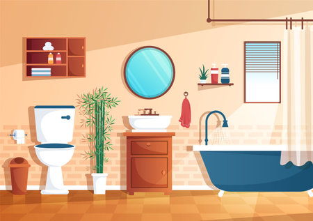 Modern Bathroom Furniture Interior Background Illustration with Bathtub, Faucet Toilet Sink to Shower and Clean up in Flat Color Styleのイラスト素材