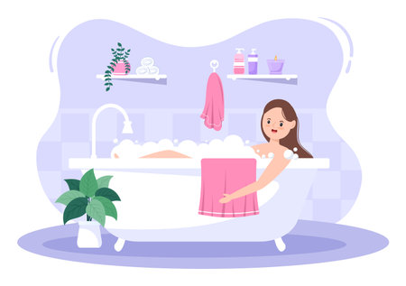 Modern Bathroom Furniture Interior Background Illustration with girl taking a bath in the bathtub in Flat Color Styleのイラスト素材
