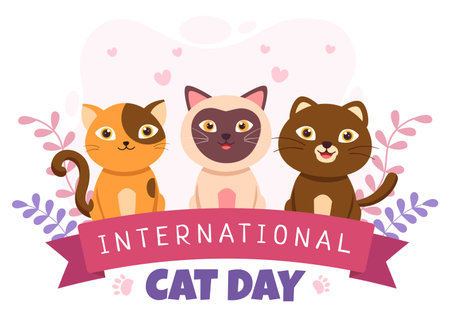 International Cat Day Celebrates the Friendship Between Humans and Cats on the August in Cute Flat Cartoon Background Illustrationのイラスト素材