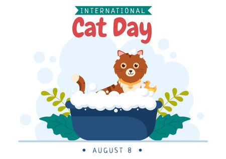 International Cat Day Celebrates the Friendship Between Humans and Cats on the August in Cute Flat Cartoon Background Illustrationのイラスト素材