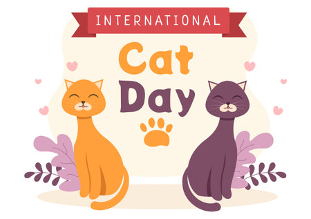 International Cat Day Celebrates the Friendship Between Humans and Cats on the August in Cute Flat Cartoon Background Illustrationのイラスト素材