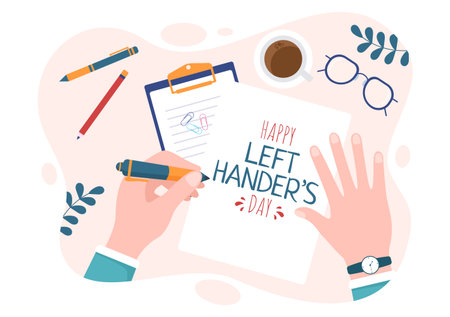 International Left Handers Day Celebration with her Left Hand Raised on the August in Cartoon Style Background Illustrationのイラスト素材