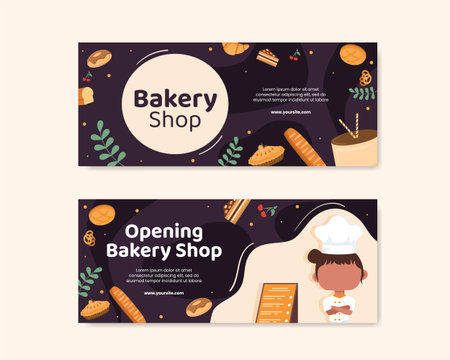 Bakery Shop Social Media Banner Template Flat Cartoon Background Vector Illustrationのイラスト素材