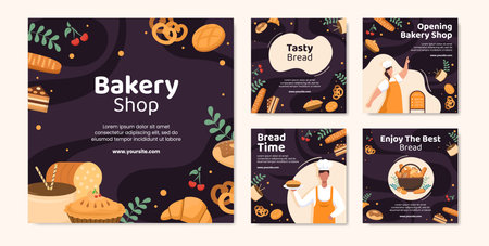 Bakery Shop Social Media Post Template Flat Cartoon Background Vector Illustrationのイラスト素材
