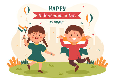 Happy Indian Independence Day which is Celebrated Every August with Flags, People Character and Ashoka Wheels in the Cartoon Style Illustrationのイラスト素材