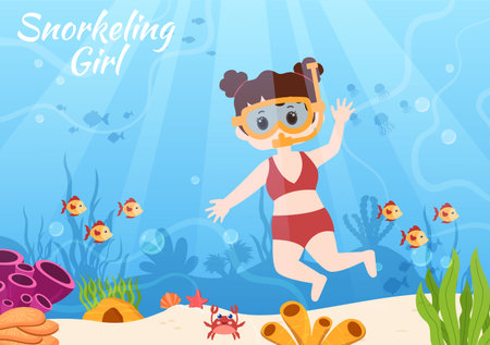 Children Snorkeling with Underwater Swimming Exploring Sea, Coral Reef or Fish in the Ocean in Flat Cartoon Vector Illustrationのイラスト素材