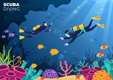 Scuba Diving with Underwater Swimming Equipment for Exploring Coral Reef, Sea Flora and Fauna or Fish in the Ocean in Flat Cartoon Vector Illustrationのイラスト素材