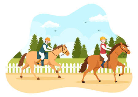 Horse Race Cartoon Illustration with Characters People doing Competition Sports Championships or Equestrian Sports in Racecourseのイラスト素材