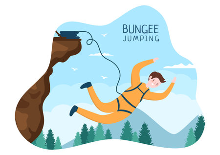 Bungee Jumping of People Tied with Elastic Rope Falling Down After Jump From a Height in Flat Cartoon Extreme Sport Vector Illustrationのイラスト素材