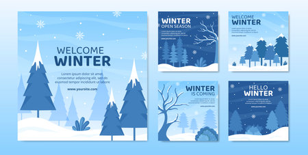 Hello Winter Social Media Post Template Flat Cartoon Background Vector Illustrationのイラスト素材