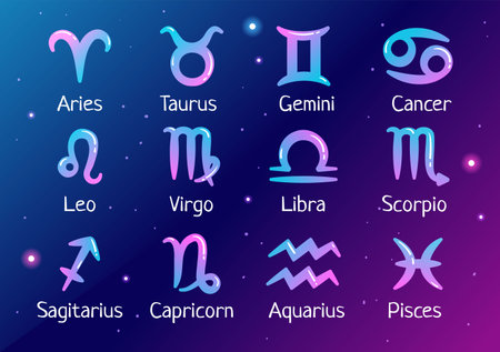 Zodiac Wheel Astrological Sign with Symbol Twelve Astrology Names, Horoscopes or Constellations in Flat Cartoon Character Vector Illustrationのイラスト素材