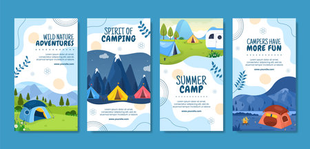 Summer Camping Social Media Stories Template Flat Cartoon Background Vector Illustrationのイラスト素材