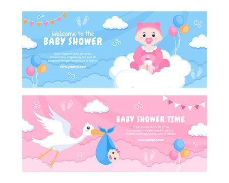 Baby Shower Little Boy or Girl Social Media Horizontal Banner Template Flat Cartoon Background Vector Illustrationのイラスト素材