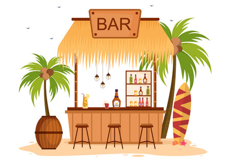 Tropical Bar or Pub in Beach with Alcohol Drinks Bottles, Bartender, Table, Interior and Chairs by Seaside in Flat Cartoon Illustrationのイラスト素材