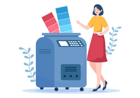 Print Shop Illustration with Production Process at Printing House and Machines for Operating big File Printers in Flat Style Cartoonのイラスト素材