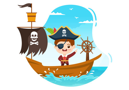 Cute Pirate Cartoon Character Illustration with Wooden Wheel, Chest, Vintage Caribbean, Pirates and Jolly Roger on Ship on Sea or Islandのイラスト素材