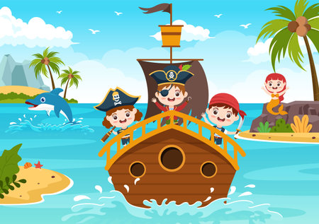 Cute Pirate Cartoon Character Illustration with Wooden Wheel, Chest, Vintage Caribbean, Pirates and Jolly Roger on Ship on Sea or Islandのイラスト素材