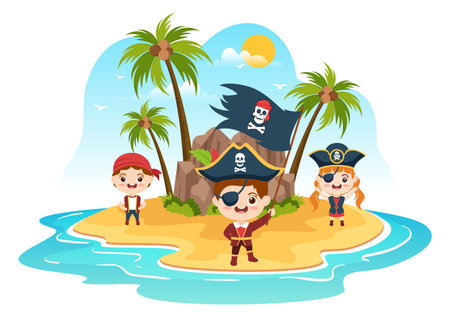 Cute Pirate Cartoon Character Illustration with Wooden Wheel, Chest, Vintage Caribbean, Pirates and Jolly Roger on Ship on Sea or Islandのイラスト素材