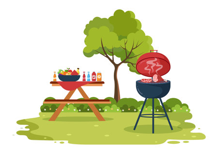 BBQ or Barbecue with Steaks on Grill, Toaster, Plates, Sausage, Chicken and Vegetables in Flat Background Cartoon Illustrationのイラスト素材