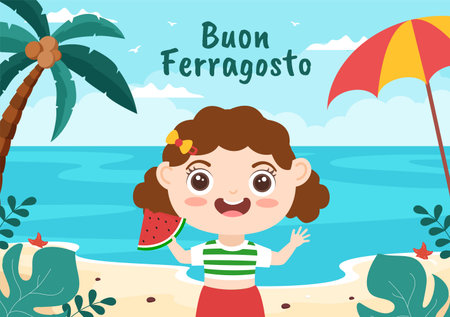 Buon Ferragosto Italian Summer Festival in Beach Cartoon Illustration on Public Holiday Celebrated on 15 August in Flat Style Designのイラスト素材