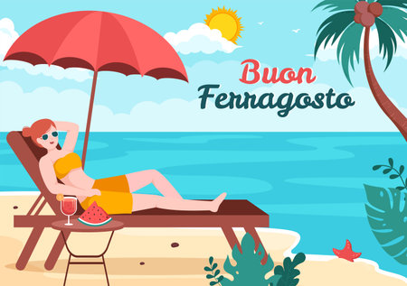 Buon Ferragosto Italian Summer Festival in Beach Cartoon Illustration on Public Holiday Celebrated on 15 August in Flat Style Designのイラスト素材
