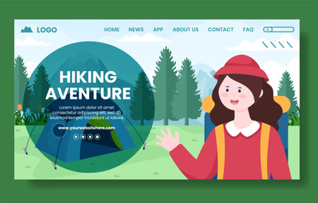 Hiking Mountain Social Media Landing Page Template Flat Cartoon Background Vector Illustrationのイラスト素材