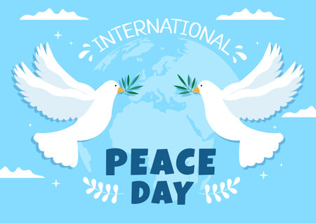 International Peace Day Cartoon Illustration with Hands, Pigeon, Globe and Blue Sky to Create Prosperous in the World in Flat Style Designのイラスト素材