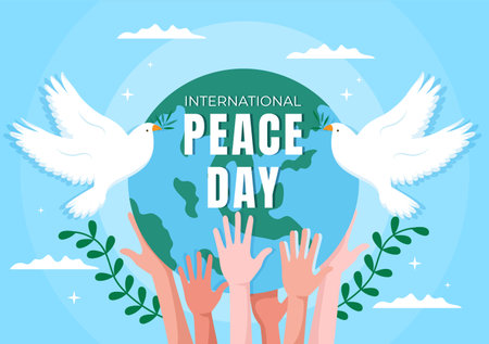 International Peace Day Cartoon Illustration with Hands, Pigeon, Globe and Blue Sky to Create Prosperous in the World in Flat Style Designのイラスト素材