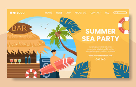 Summer Party Social Media Landing Page Template Flat Cartoon Background Vector Illustrationのイラスト素材