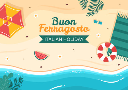 Buon Ferragosto Template Flat Cartoon Background Vector Illustrationのイラスト素材