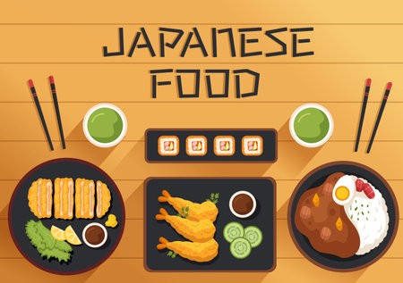 Japanese Food Cartoon Illustration with Various Delicious Dishes in the Restaurant such as Sushi on a Plate, Sashimi Roll and Other in Flat Styleのイラスト素材