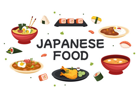 Japanese Food Cartoon Illustration with Various Delicious Dishes in the Restaurant such as Sushi on a Plate, Sashimi Roll and Other in Flat Styleのイラスト素材