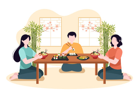 People Eating Japanese Food in the Restaurant with Various Delicious Dishes in Flat Style Cartoon Illustrationのイラスト素材