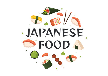 Japanese Food Cartoon Illustration with Various Delicious Dishes in the Restaurant such as Sushi on a Plate, Sashimi Roll and Other in Flat Styleのイラスト素材