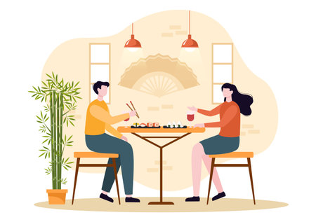 People Eating Japanese Food in the Restaurant with Various Delicious Dishes in Flat Style Cartoon Illustrationのイラスト素材