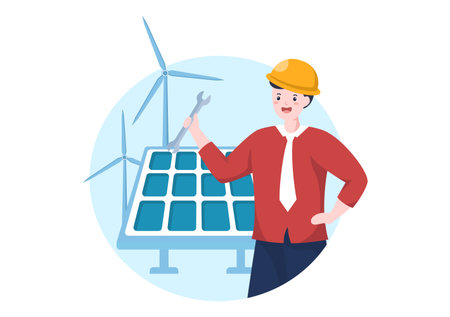 Solar Energy Installation, Panel or Wind Turbine Maintenance with Home Service Team For Electricity Network Operation in Cartoon Illustrationのイラスト素材