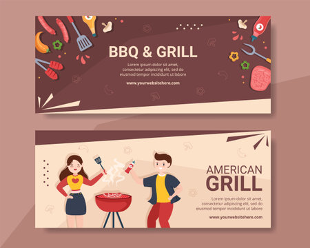 BBQ or Barbecue Horizontal Banner Template Flat Cartoon Background Vector Illustrationのイラスト素材