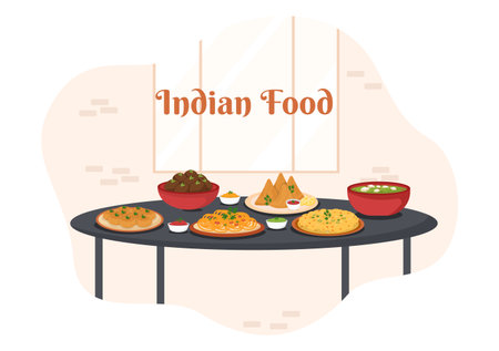 Indian Food Cartoon Illustration with Various Collection of Delicious Traditional Cuisine Dishes in Flat Style Designのイラスト素材