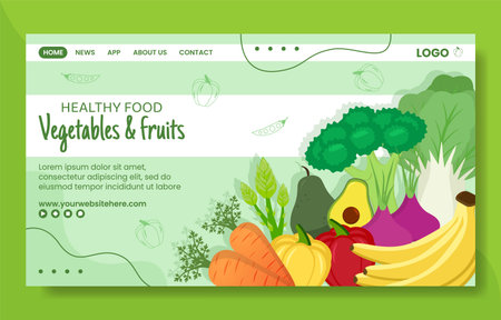 Vegetables and Fruits Social Media Landing Page Template Cartoon Background Vector Illustrationのイラスト素材