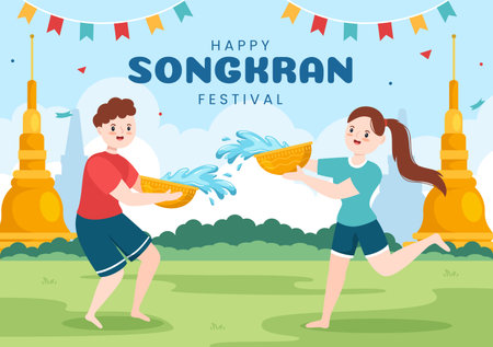 Happy Songkran Festival Day Hand Drawn Cartoon Illustration Playing Water Gun in Thailand Celebration in Flat Style Background Designのイラスト素材