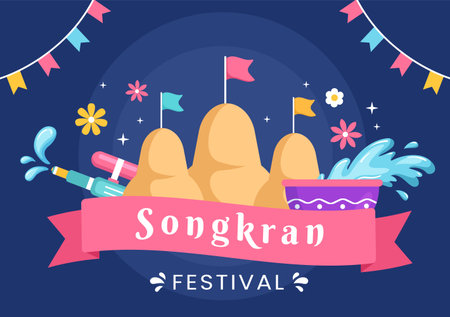 Happy Songkran Festival Day Hand Drawn Cartoon Illustration Playing Water Gun in Thailand Celebration in Flat Style Background Designのイラスト素材