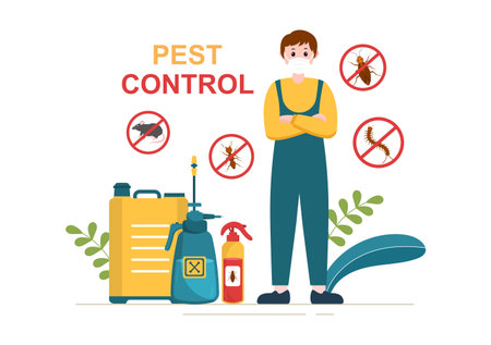 Pest Control Service with Exterminator of Insects, Sprays and House Hygiene Disinfection in Flat Cartoon Background Illustrationのイラスト素材