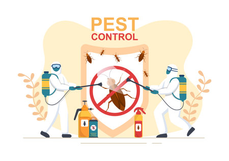 Pest Control Service with Exterminator of Insects, Sprays and House Hygiene Disinfection in Flat Cartoon Background Illustrationのイラスト素材